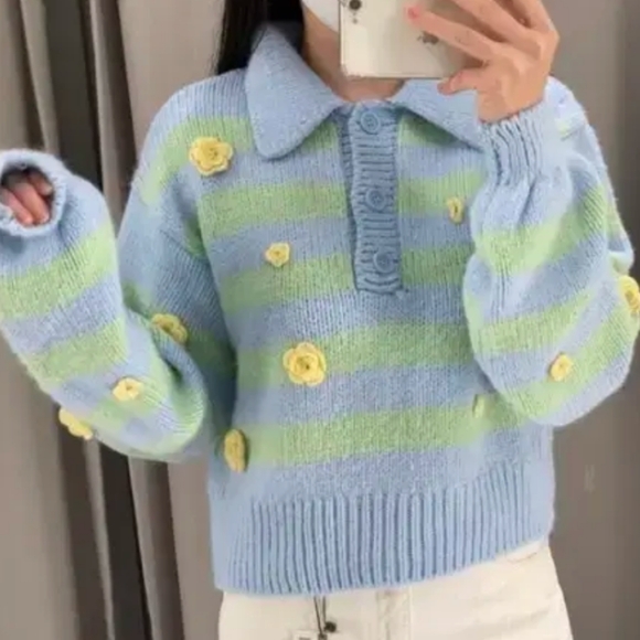 Zara Embroidered Floral Striped Sweater Women's M Blue Green Cottagecore Preppy - Picture 6 of 10